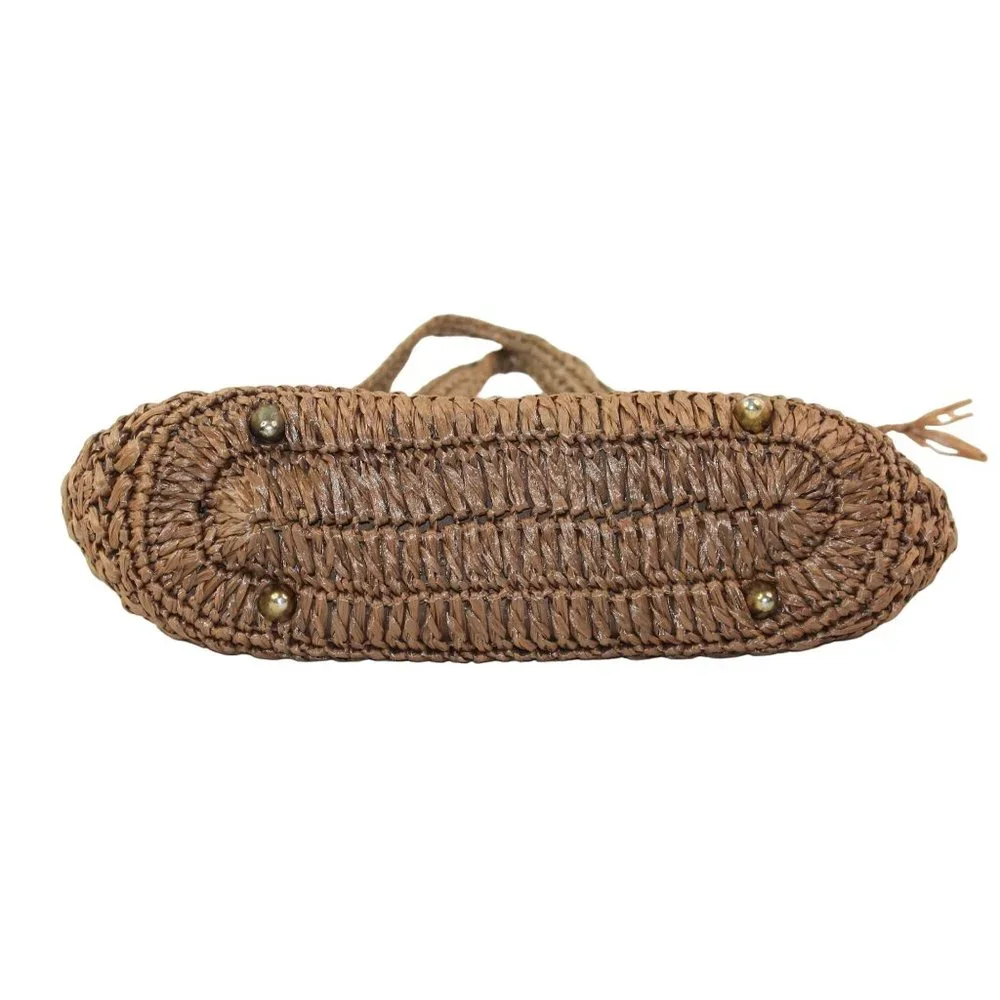 Vintage 1970's Raffia Straw Crochet Floral Embellishments Double Handled Purse - Picture 8 of 16